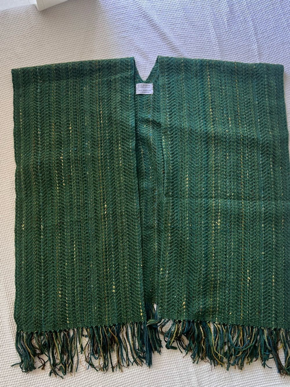 Handwoven Green Fringe Shawl Cottagecore Wrap Anne Abendroth Stone Mountain Art